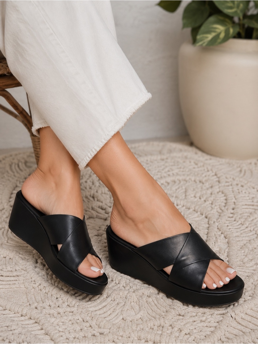 💟 Kork-Ease Madera Black Leather Platform Wedge Slide Sandals